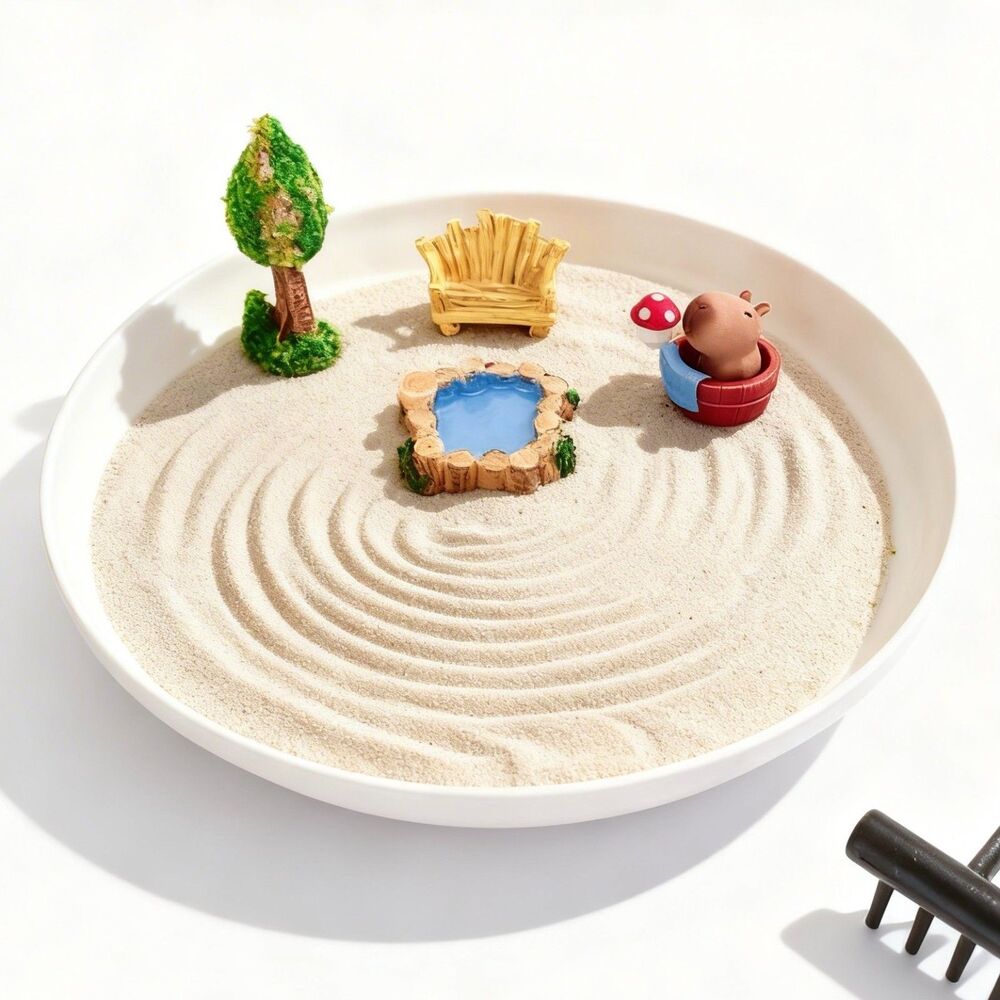 Mini Zen Garden Kit with Pond Tree Bench and Cute Animal Figurine, Desktop Sand